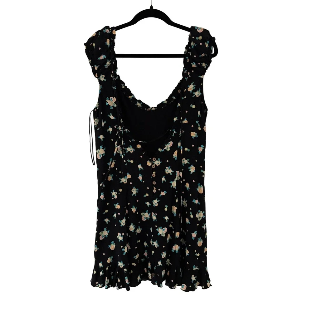 Free People Black Floral Polka Dot Ruffle Mini Dress Sweetheart Neck Large